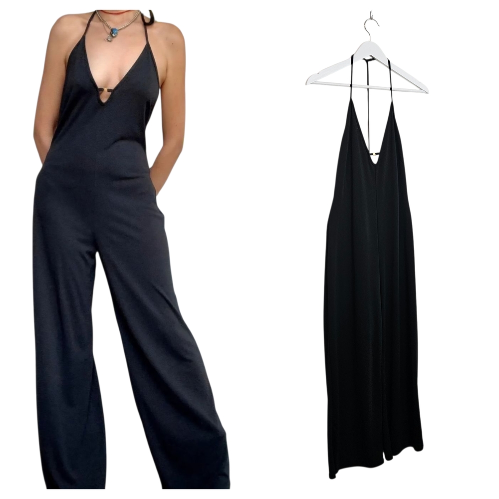 Vintage Victoria's Secret Slinky T-Strap Palazzo Jumpsuit S Black Y2K